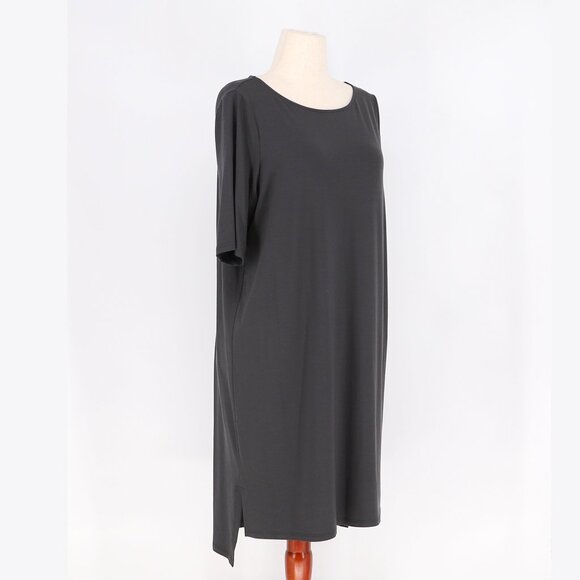 EILEEN FISHER Tencel High-Low Tunic Dress Dark Gray Charcoal Half-Sleeves Size L - Picture 2 of 8